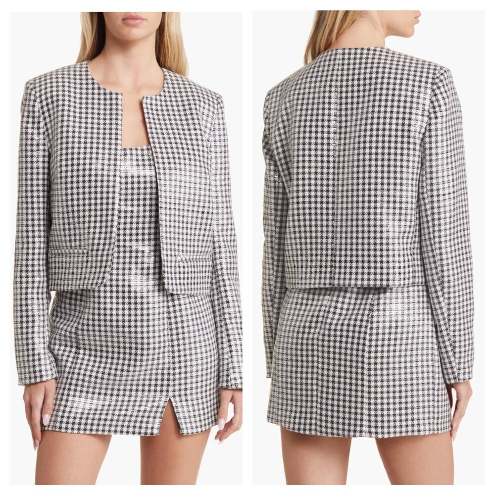 NEW WAYF Kennedy Sequined Houndstooth Jacket and Mini Dress Set Black White XS